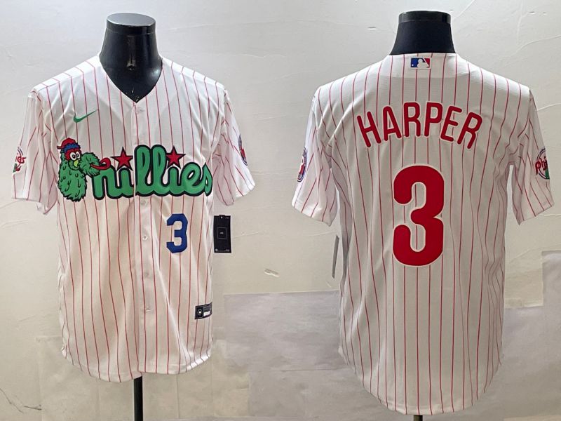 Men Philadelphia Phillies #3 Harper White Stripe Three generations Joint Name Game 2025 Nike MLB Jersey style 3